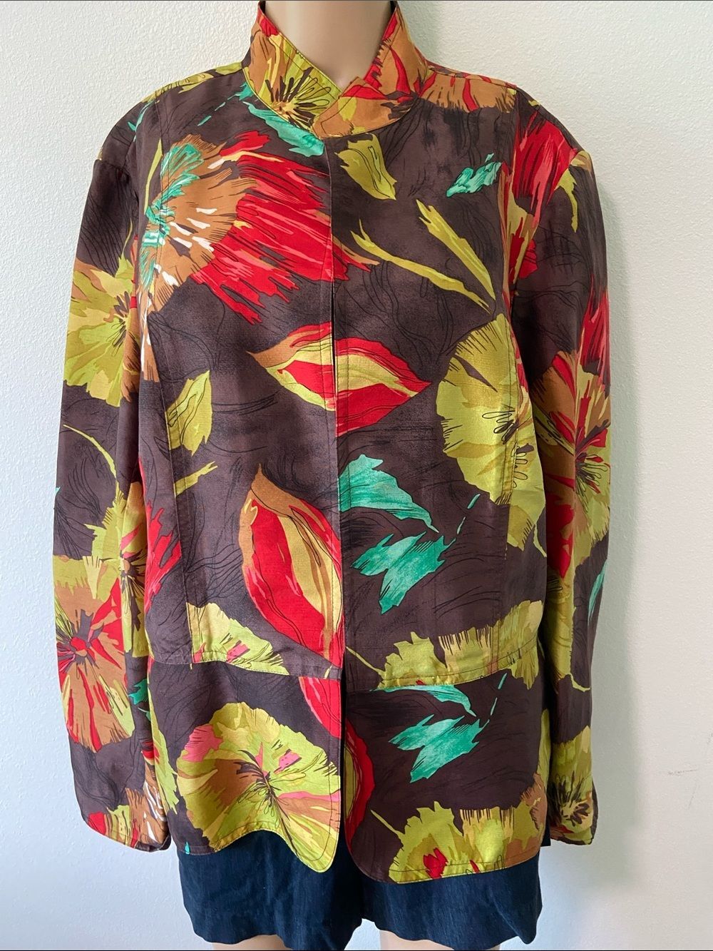 Coldwater Creek Silk Floral Jacket - Brown, Red, Yellow & Teal Sz XL